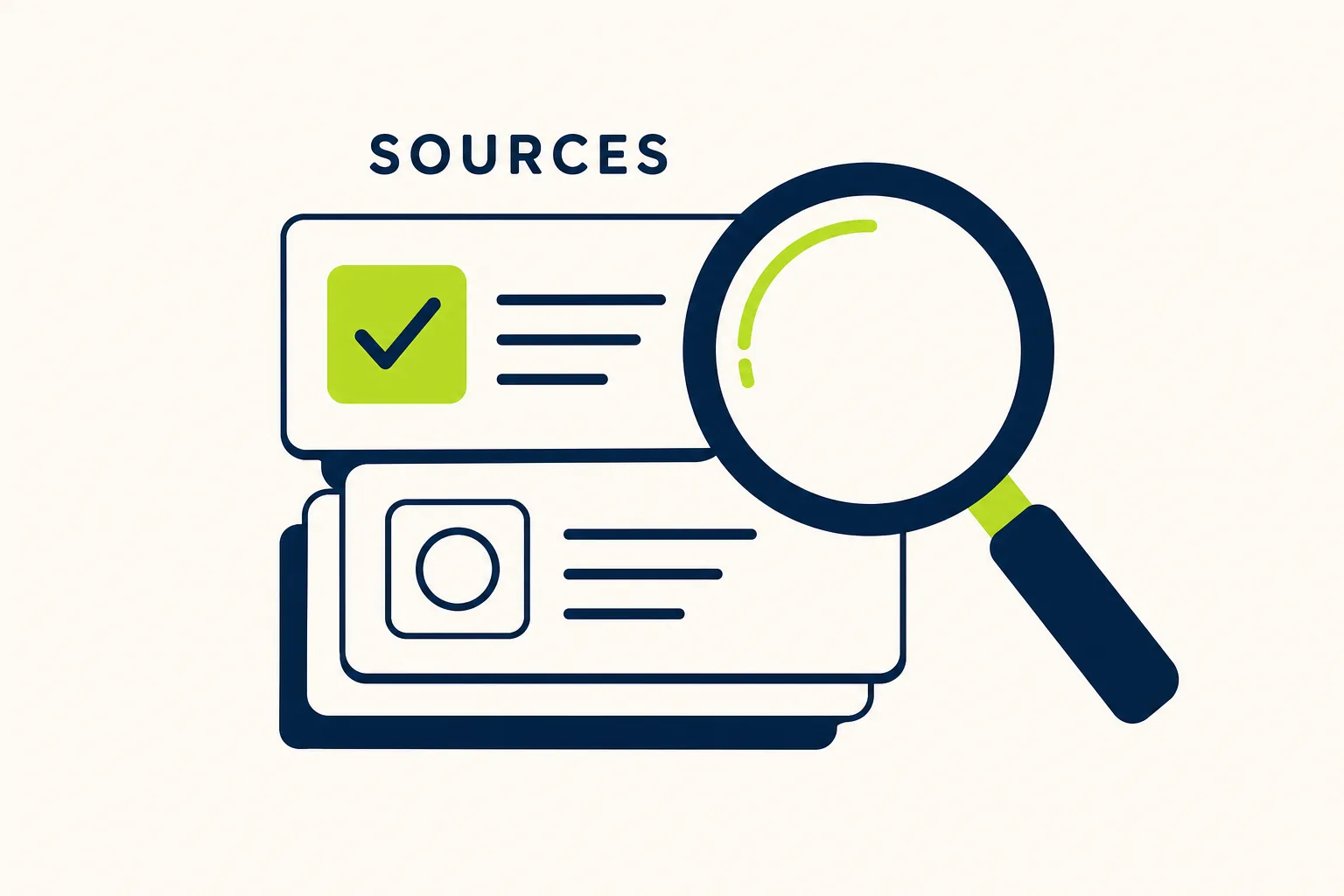 A magnifying glass over a stack of source cards, one verified with a checkmark — research as the core affiliate job