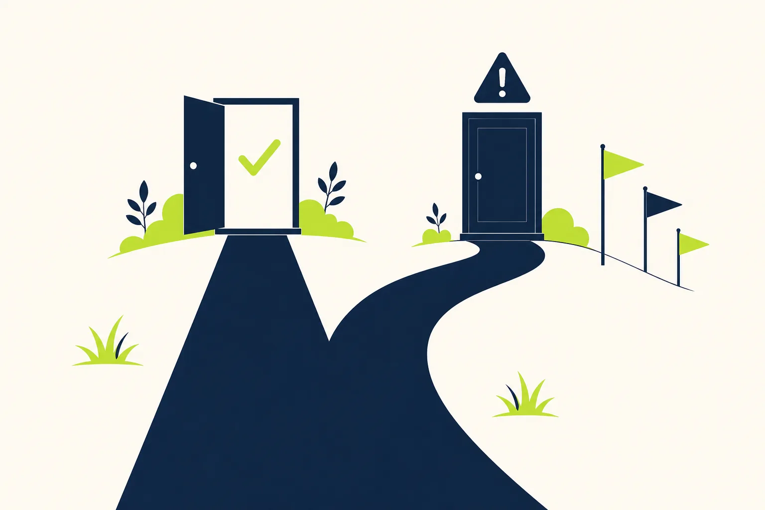 Affiliate scam warning signs A fork in the road: the straight path to a legitimate open door, the side path to a door marked with a warning triangle