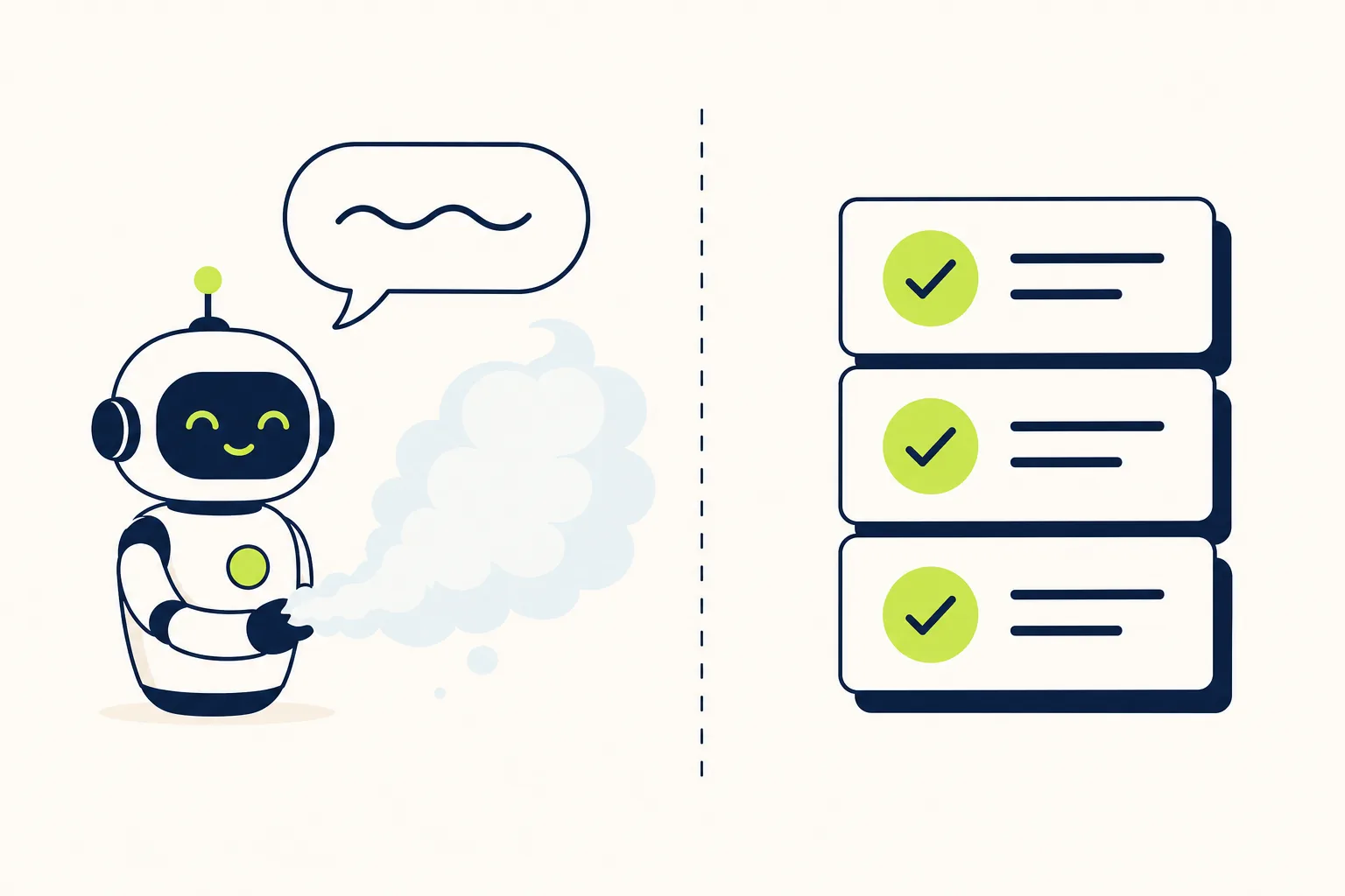 A robot speaking fog beside a neat stack of three verified fact cards — the AI hallucination problem