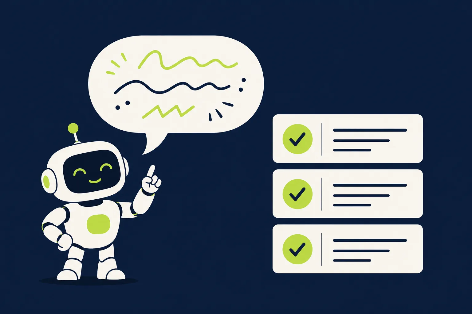 A confident robot with an empty speech bubble facing a small stack of verified evidence cards