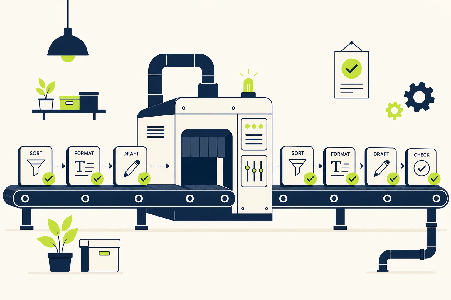 A machine on an assembly line processing task tiles — sorting, formatting, drafting, checking — each coming out with a checkmark