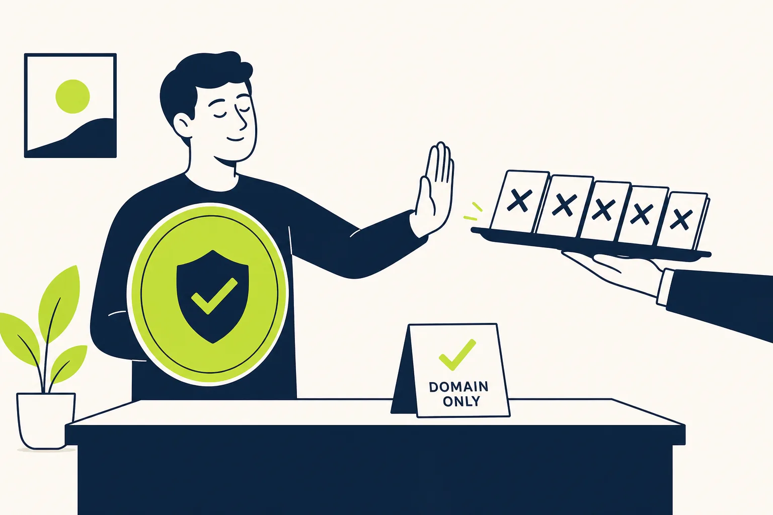 A shopper holding a shield calmly declining a tray of registrar upsell offers, keeping only the domain purchase