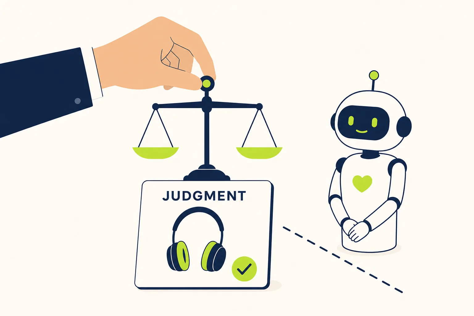 A human hand holding a balance scale above one verdict card while a robot waits politely behind a line it does not cross
