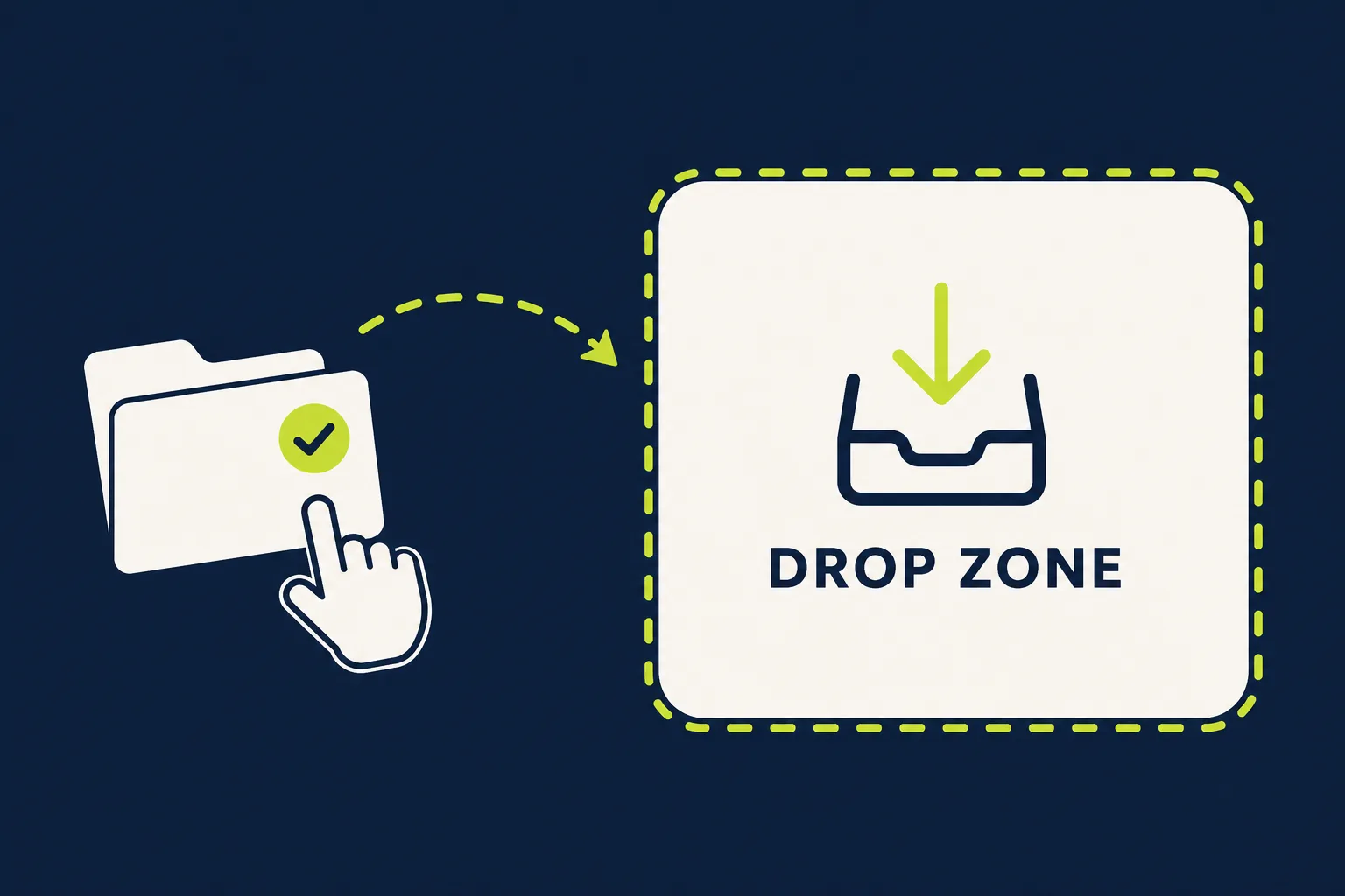 A cursor dragging a website folder onto a dashed drop-zone panel with a checkmark badge appearing