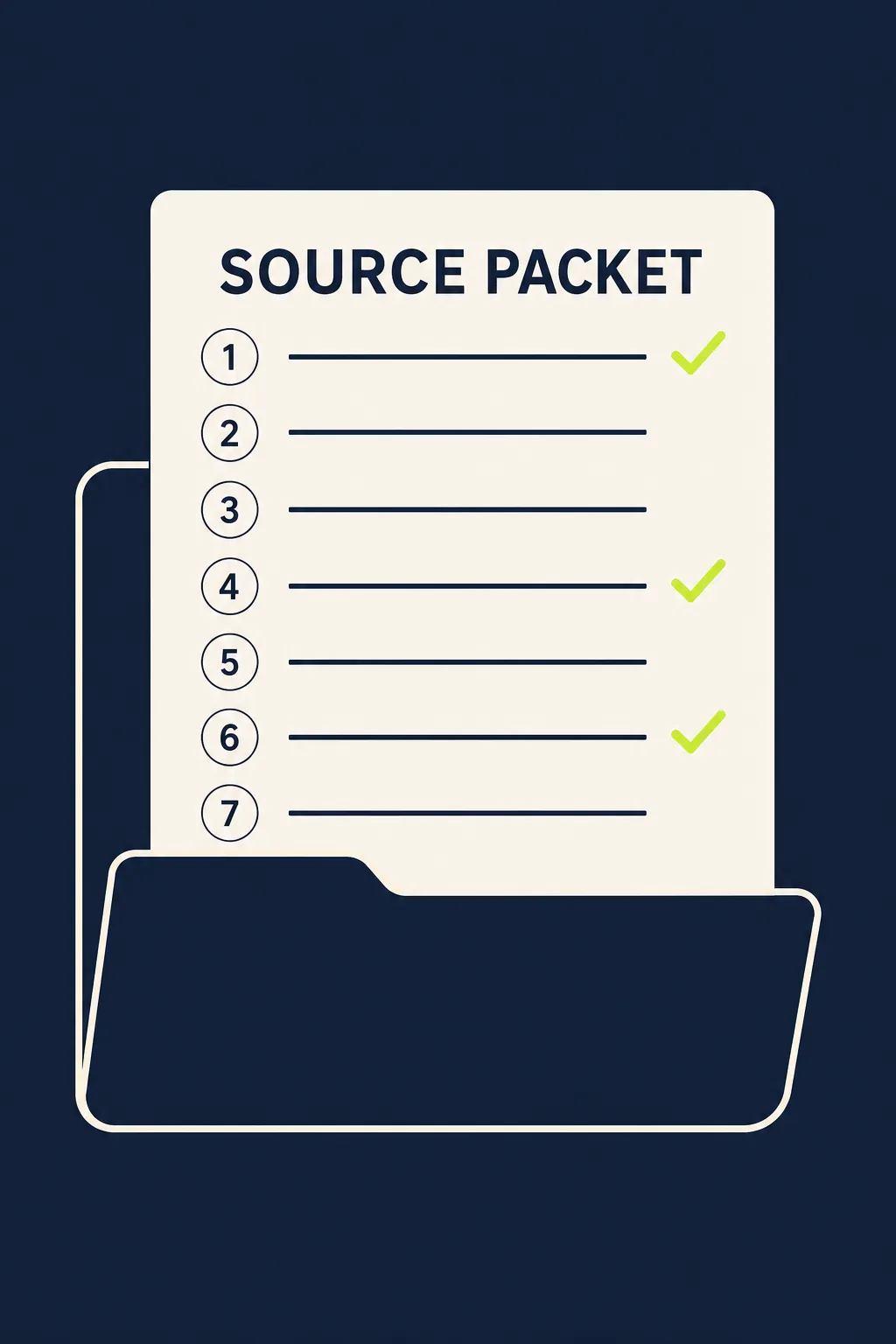 A source packet document card with seven numbered points, three verified with checkmarks — the AI anti-hallucination method