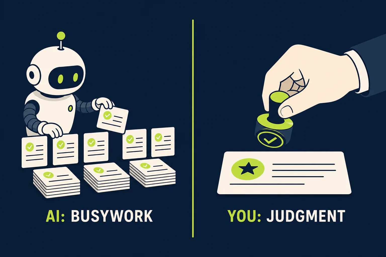 A split illustration: a robot organizing task cards on one side, a human hand holding an approval stamp on the other — AI busywork vs human judgment