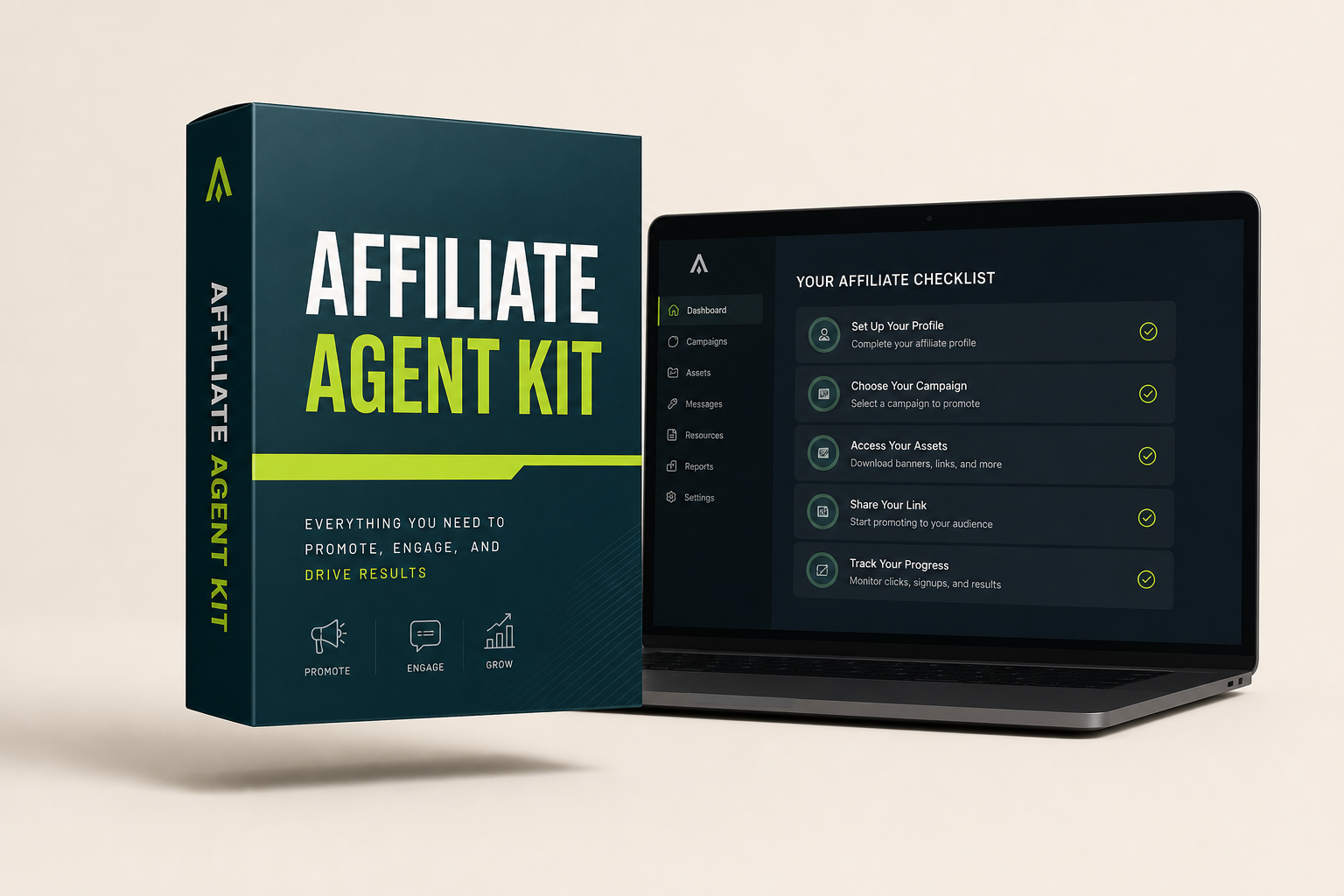 A mockup of the Affiliate Agent Kit product showing the master prompt, site template, and operating system arranged on a navy background.
